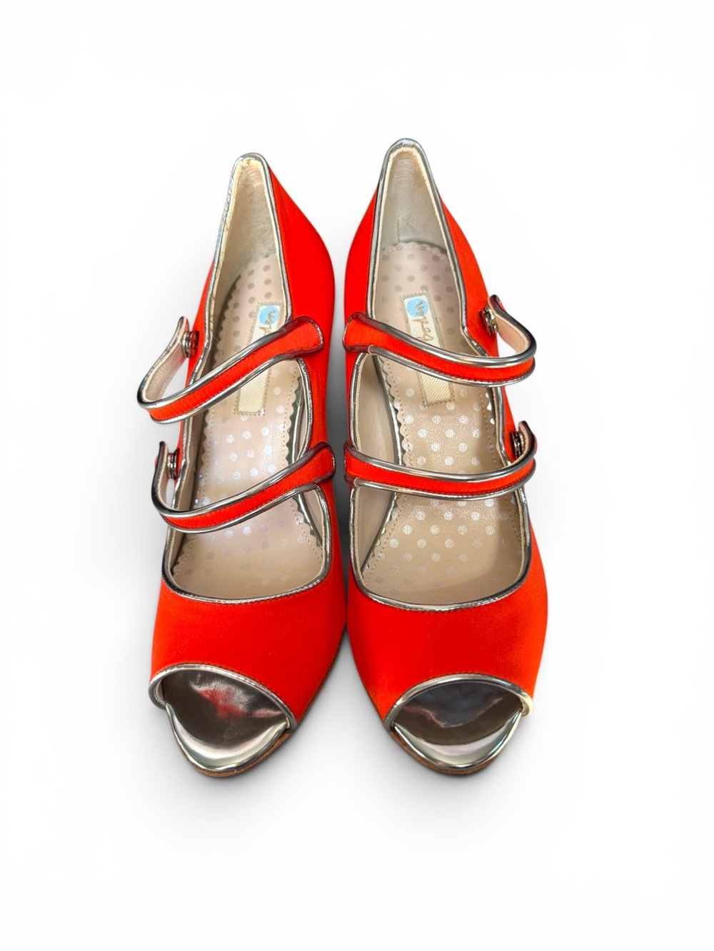 NWOT Boden Orange Double-Strap Peep-Toe Heels with Metallic Trim - Picture 5 of 7